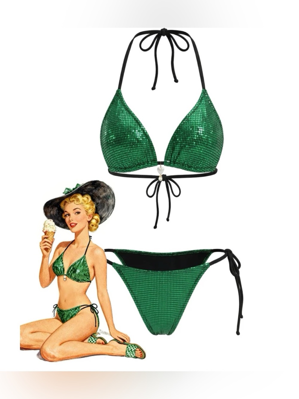 NEW NWT 🧜🏽‍♀️⭐️Green Sarkling Tie-Side Triangle Bikini – Women Swim M/L